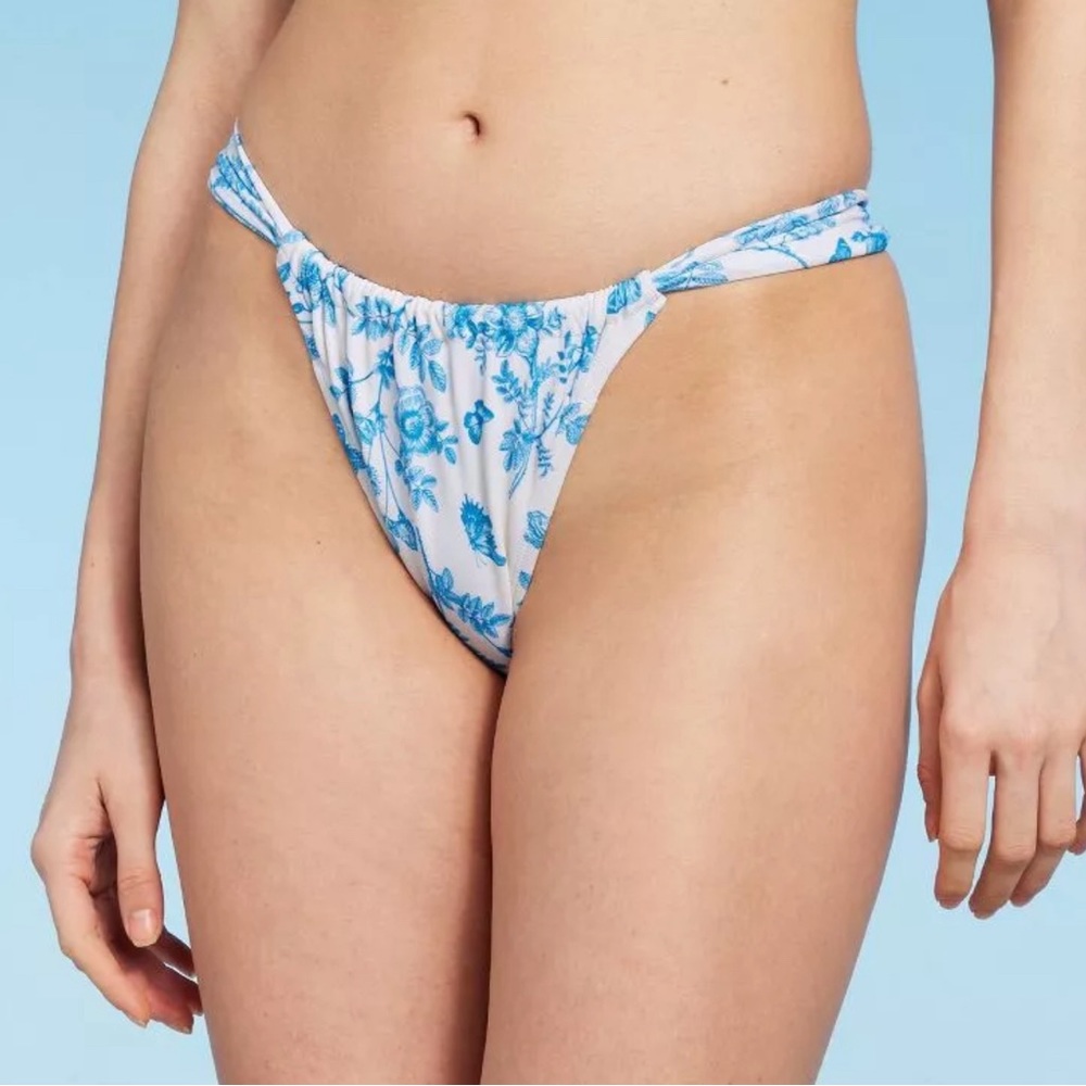 Wild fable Blue & White Tunneled Adjustable Low Rise High Leg Bikini Bot…